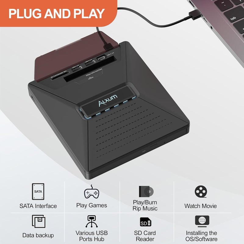 ALXUM Laptop External CD DVD Drive - CD/DVD Burning Supports SATA 2.5" Hard Drive 3 USB 2.0 Interfaces and SD Micro SD Compatible with Win2000/XP Linux Mac 10 OS System SATA&CD, SD&CD Mutual Burning - Image 4